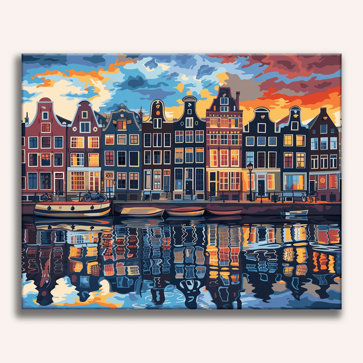 This image features a picturesque scene of an old European town at twilight or dawn, characterized by its colorful buildings along a calm canal.