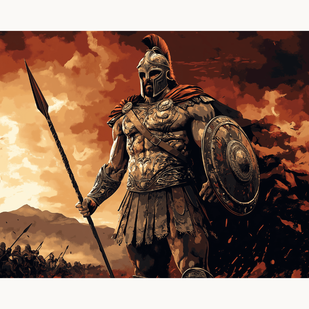 This is a dynamic poster featuring an ancient warrior figure standing prominently against a dramatic sky backdrop.