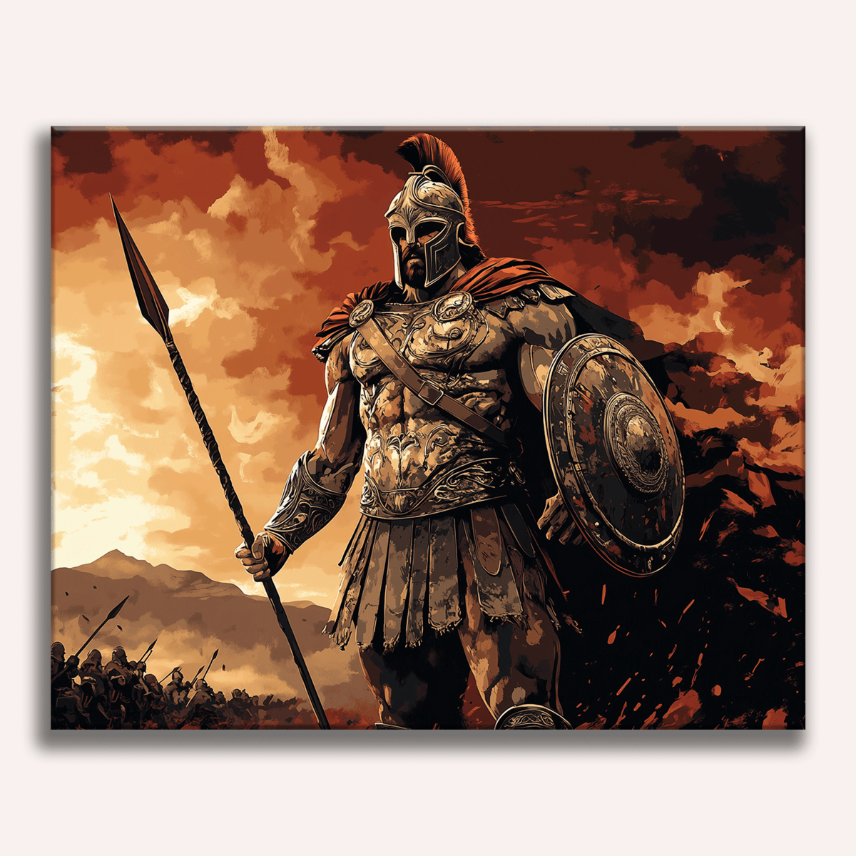 This is a dynamic poster featuring an ancient warrior figure standing prominently against a dramatic sky backdrop.