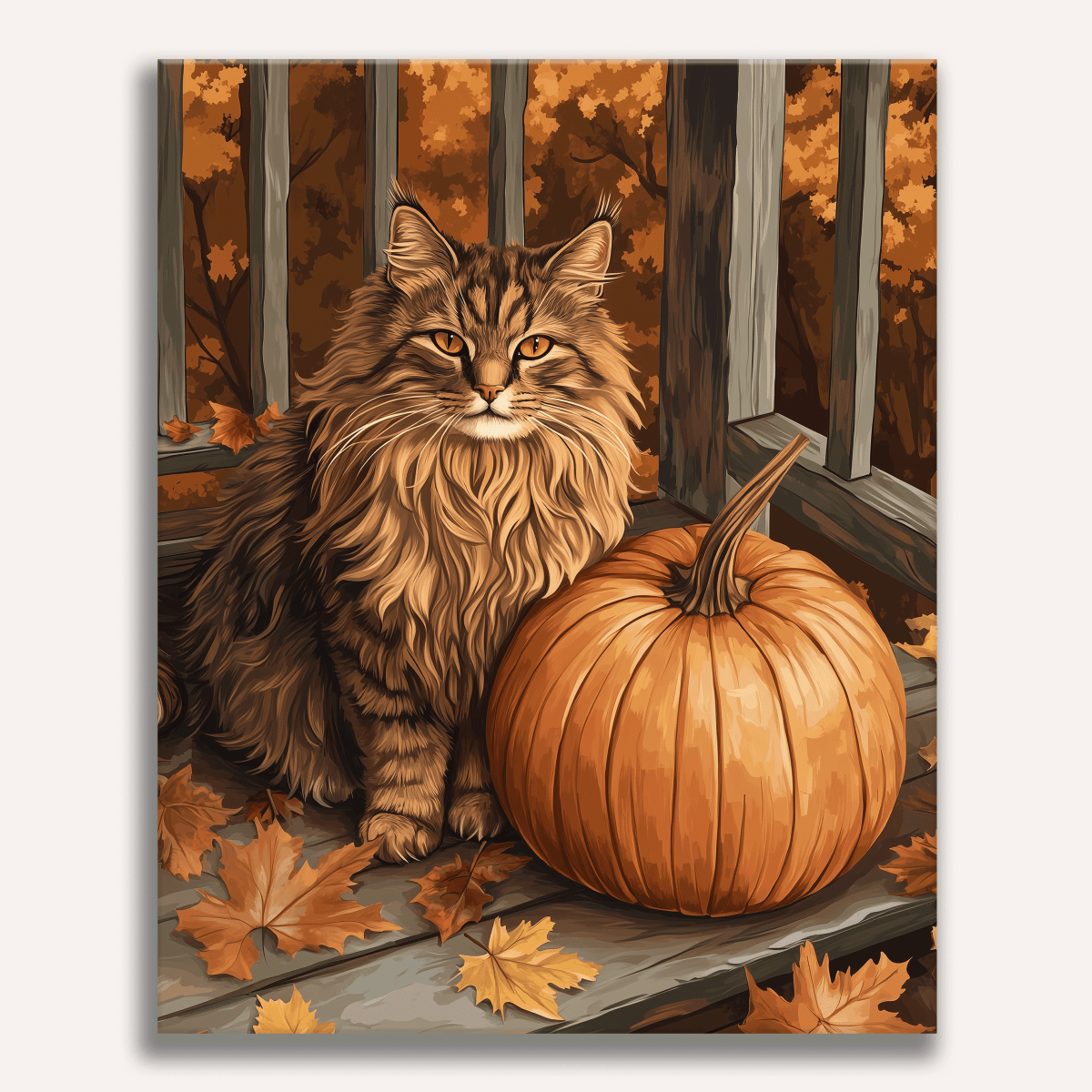 A brown and white cat sits on a wooden deck surrounded by fallen leaves, looking directly at the viewer with an autumnal scene featuring a pumpkin in the background..