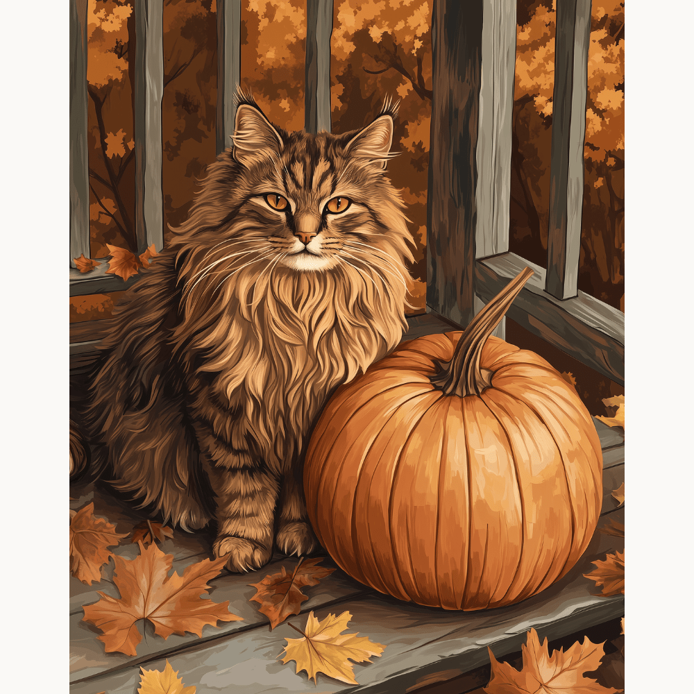 A brown and white cat sits on a wooden deck surrounded by fallen leaves, looking directly at the viewer with an autumnal scene featuring a pumpkin in the background..