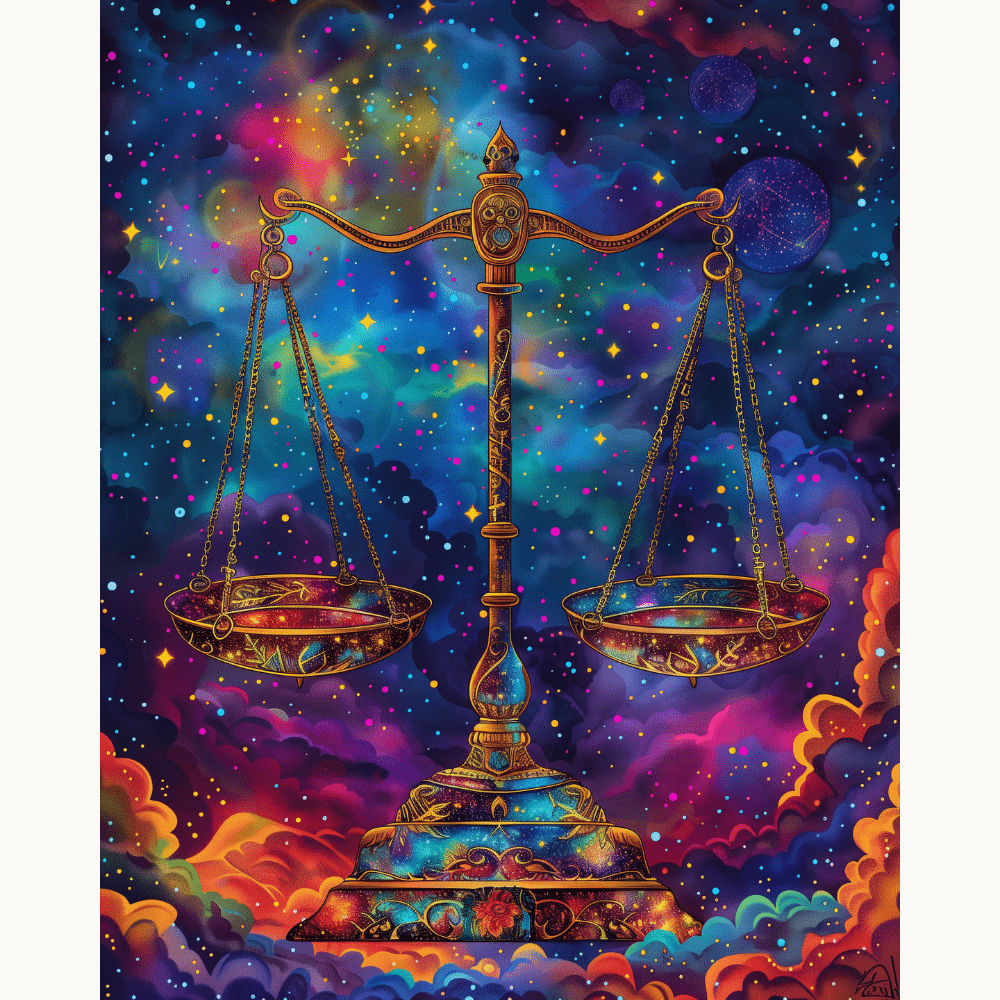 This is an artistic, colorful illustration featuring a golden balance scale in the center, surrounded by vibrant, nebulous space with hues of pink, purple, blue, and yellow.