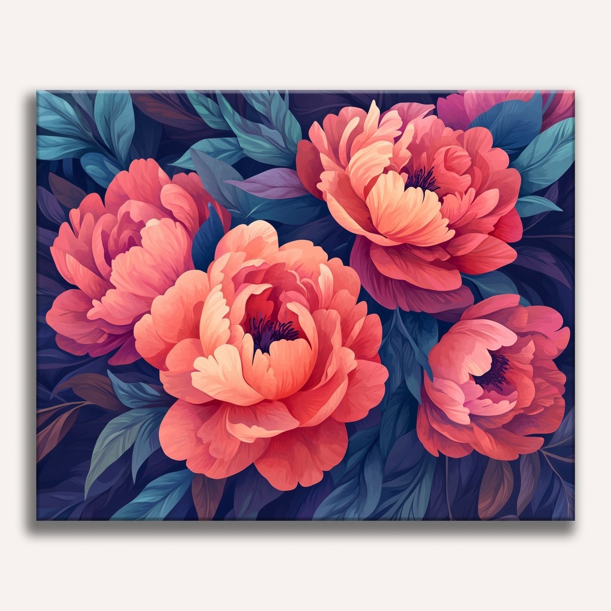 This is a square graphic featuring three large peach-colored flowers with dark centers and green leaves, set against a dark background.