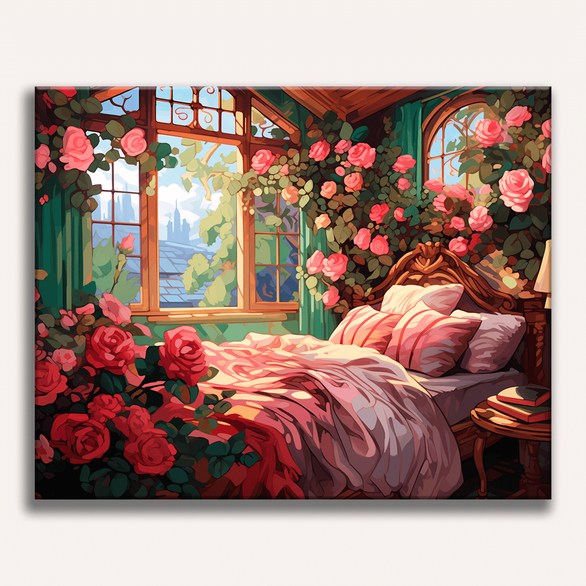 A stylized painting featuring a luxurious bedroom with a large, ornate canopy bed adorned with roses and greenery at its base.