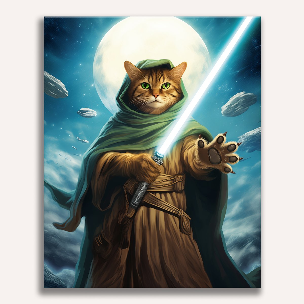 A stylized image depicts a cat wearing a green cloak and holding a lightsaber, standing against a backdrop of a planetoid with floating rocks and a large moon..