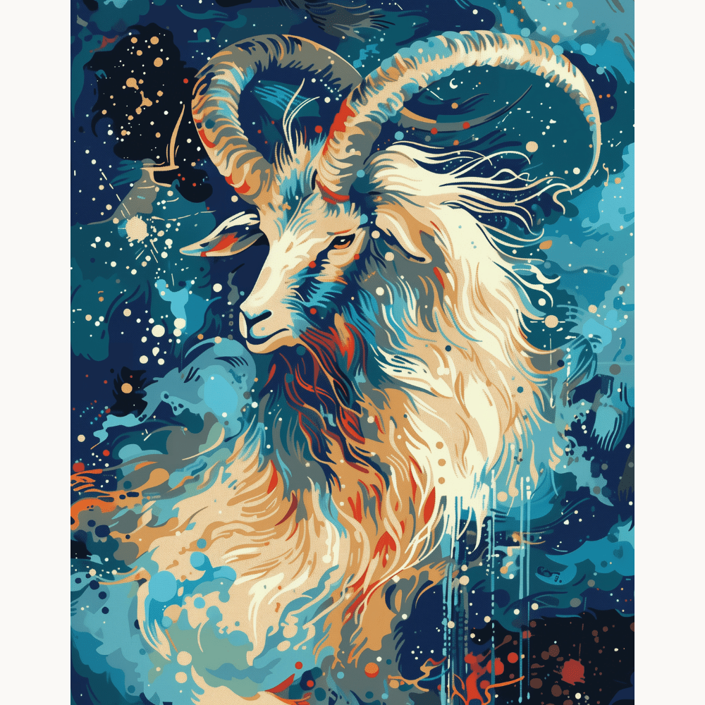 An illustration of a majestic, horned ram standing against a vibrant, star-filled night sky.