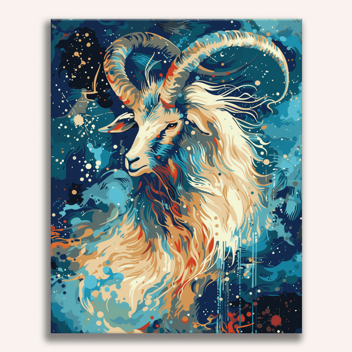 An illustration of a majestic, horned ram standing against a vibrant, star-filled night sky.