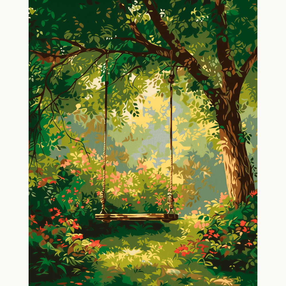 This is a poster featuring an illustration of a swing hanging from a sturdy branch, set against the backdrop of a serene park scene..