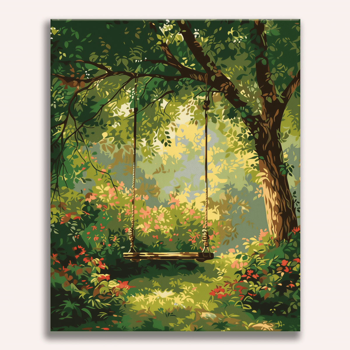 This is a poster featuring an illustration of a swing hanging from a sturdy branch, set against the backdrop of a serene park scene..