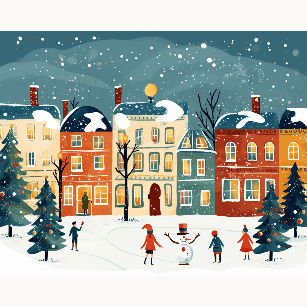 This illustration captures a festive winter scene on a residential street.