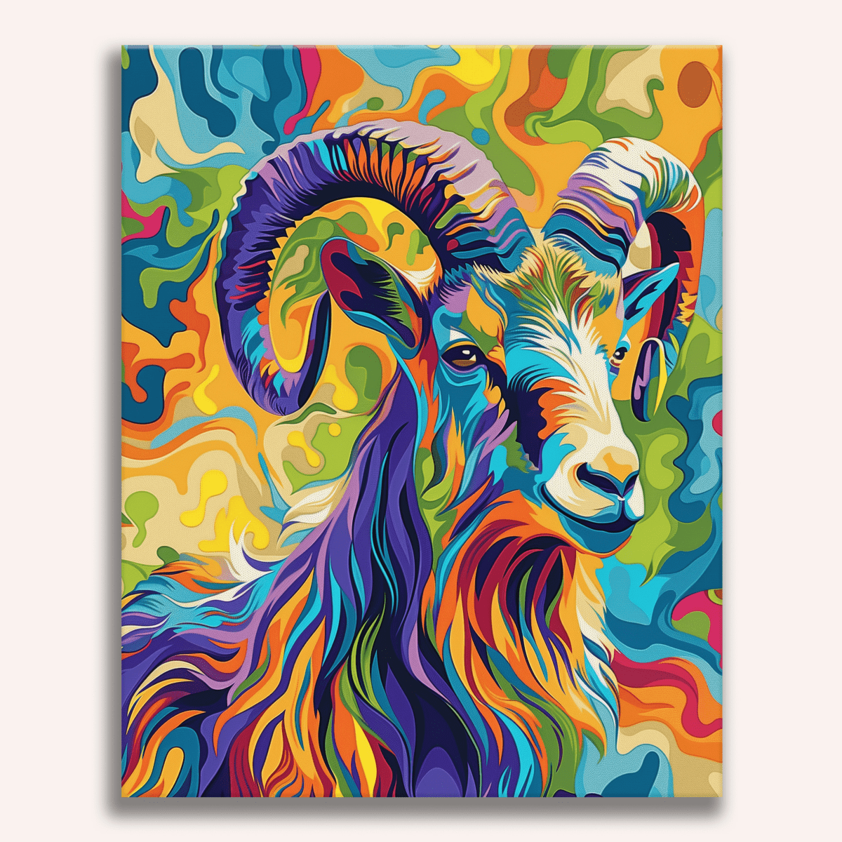 The image features a poster of a mountain goat standing in a vibrant field adorned with rainbow colors and flowing abstract patterns.