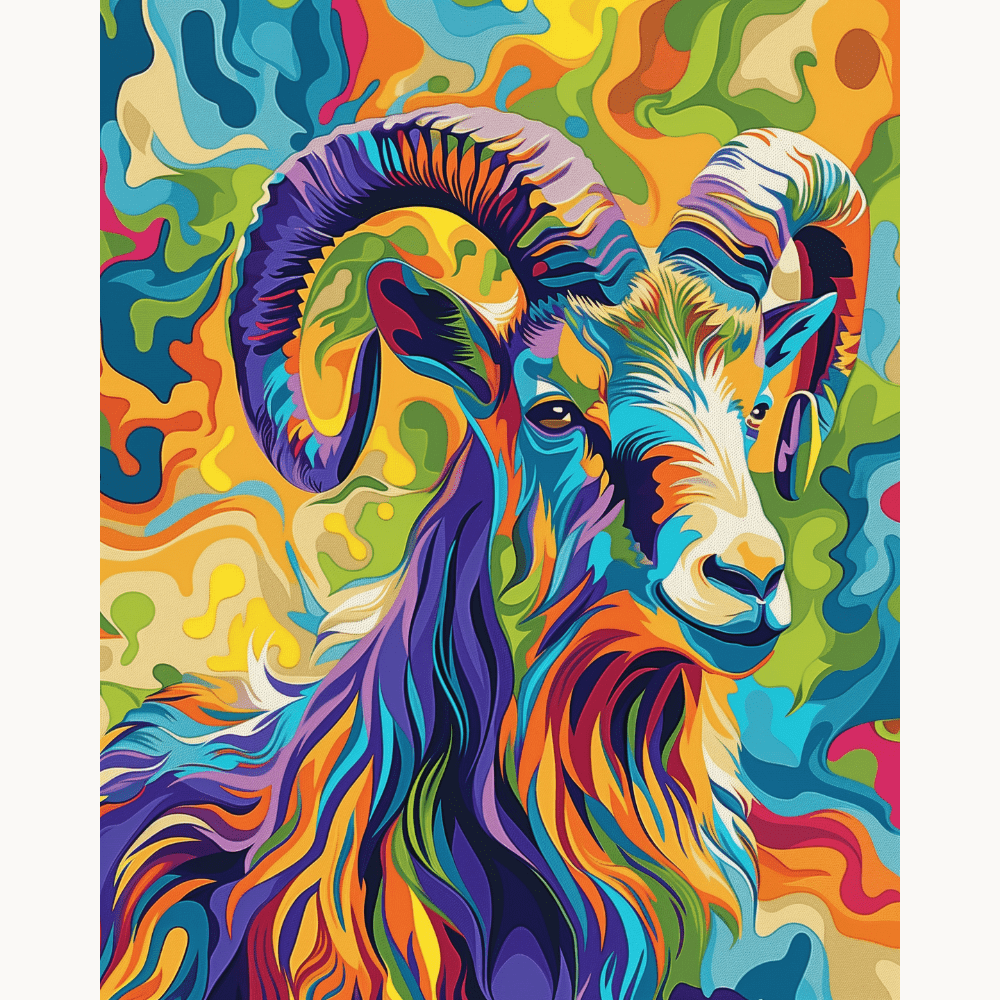 The image features a poster of a mountain goat standing in a vibrant field adorned with rainbow colors and flowing abstract patterns.