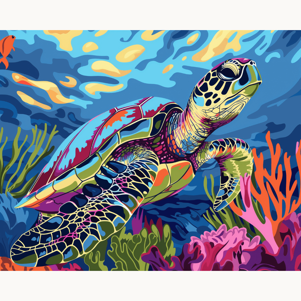 A colorful turtle swimming through a vibrant coral reef, set against a backdrop of an underwater cave.