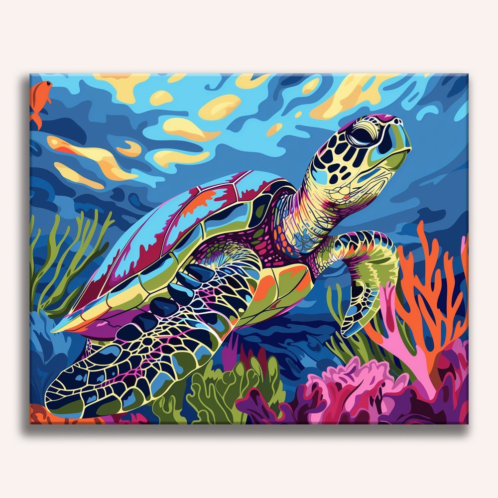 A colorful turtle swimming through a vibrant coral reef, set against a backdrop of an underwater cave.