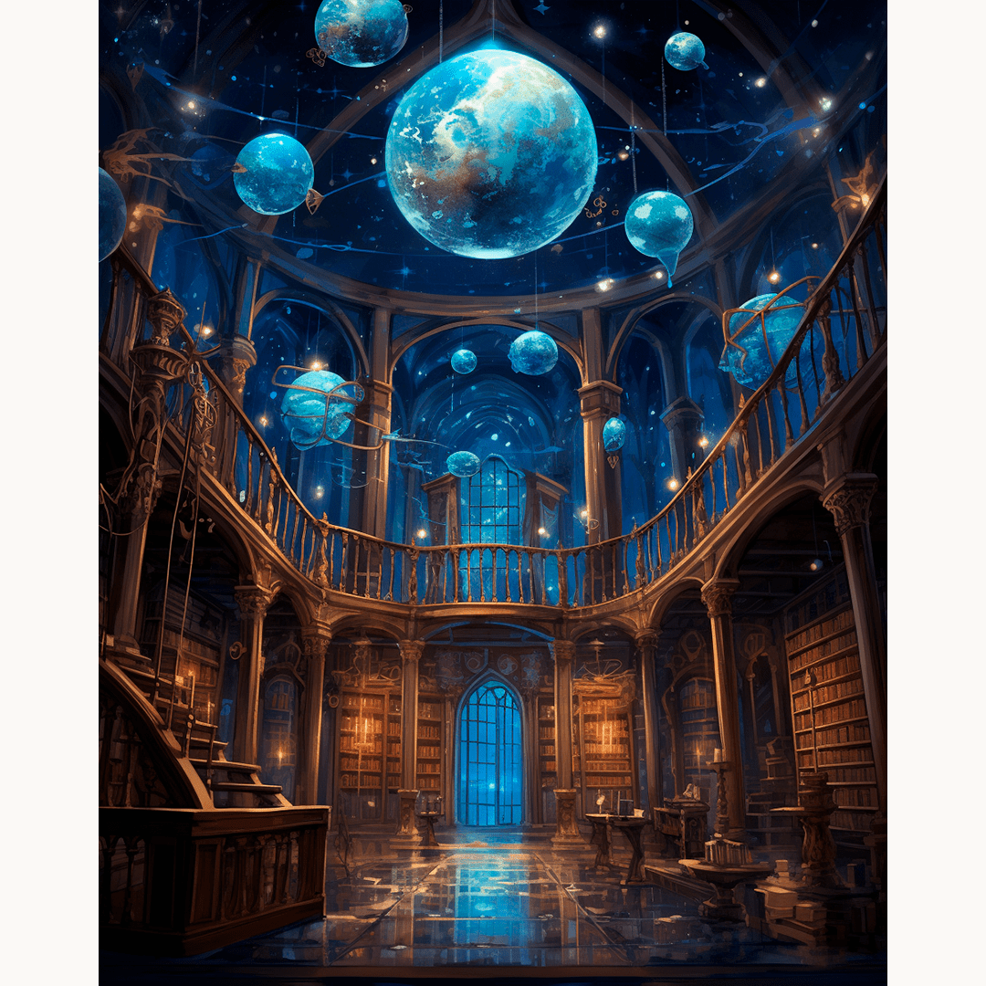 The image portrays an enchanting scene from a library or study room, rendered in a realistic style with a fantasy theme.