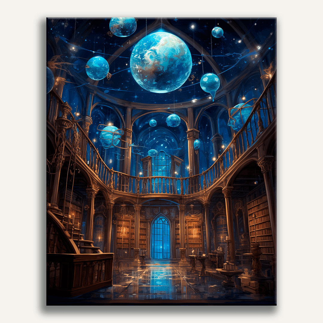 The image portrays an enchanting scene from a library or study room, rendered in a realistic style with a fantasy theme.