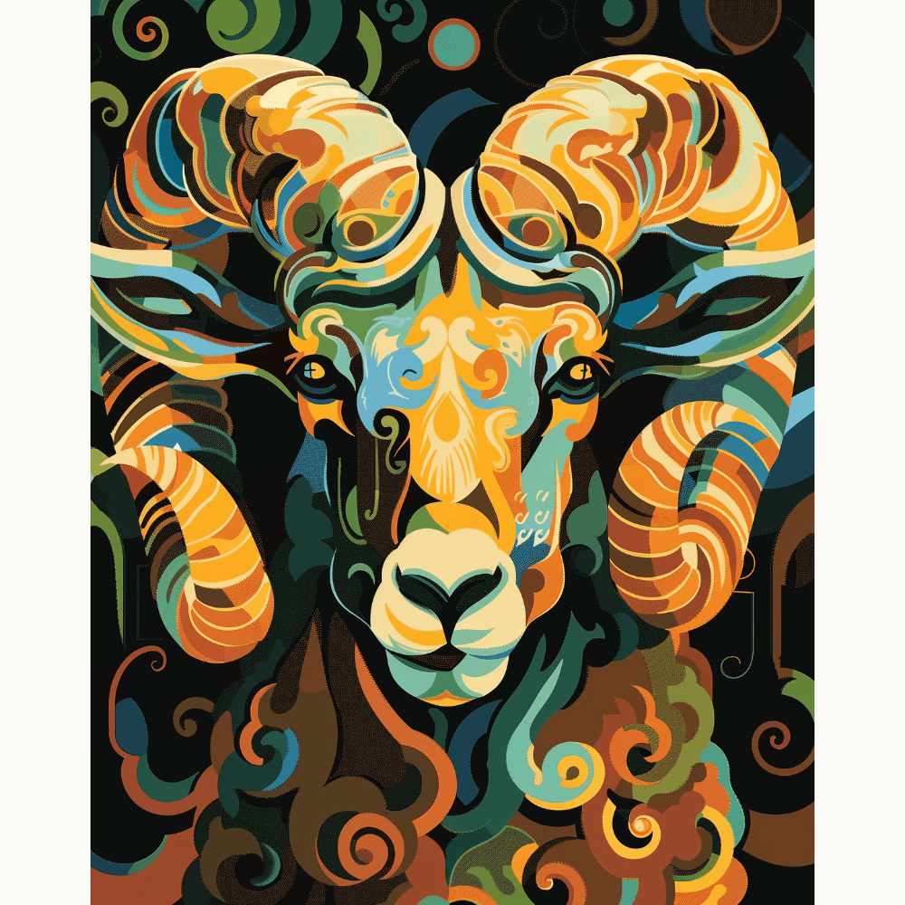 A poster features a colorful illustration of a ram's head.