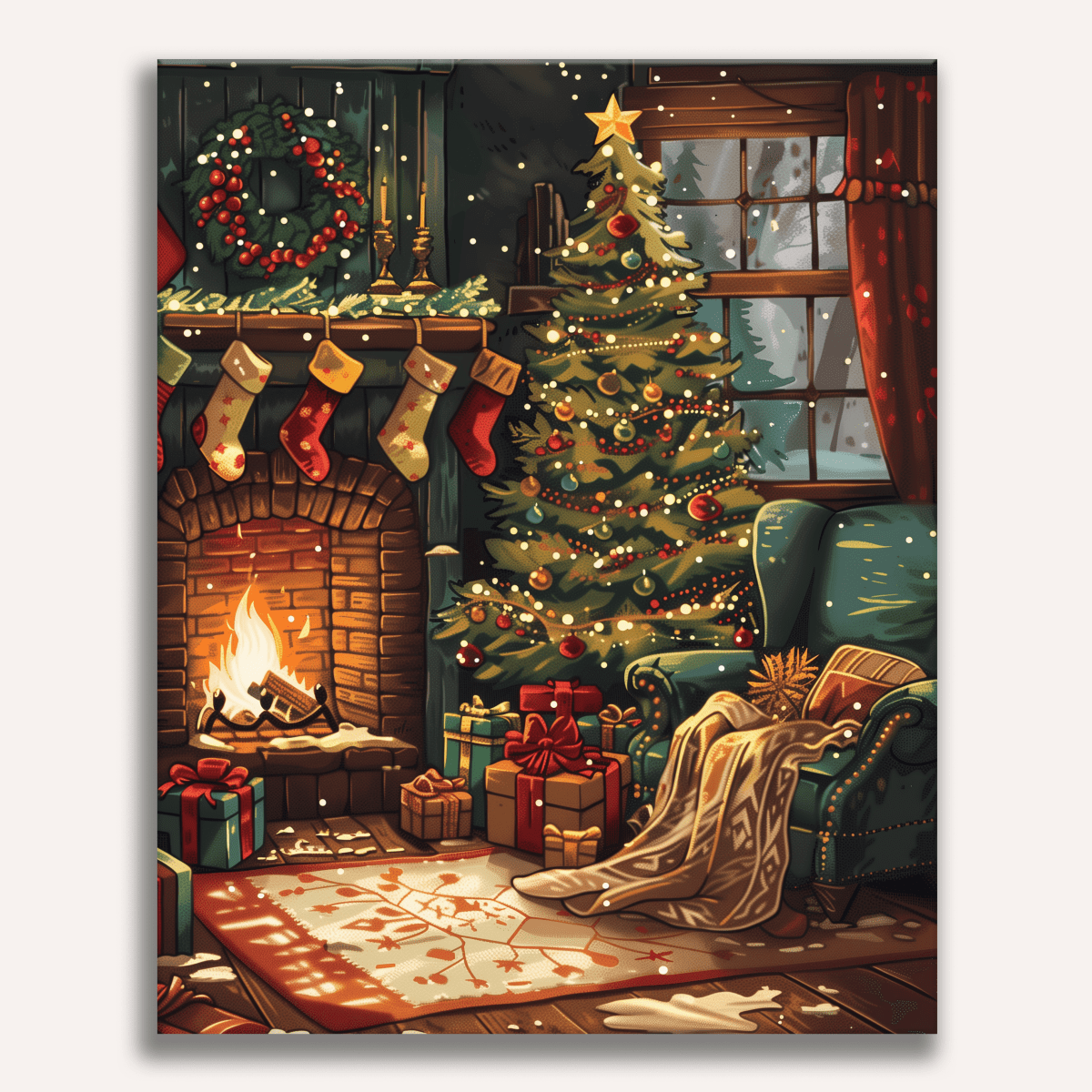 A cozy Christmas scene featuring a snowy fireplace, Christmas stockings hanging from the mantle, a festive evergreen wreath above the fireplace, and a beautifully decorated Christmas tree next to the fireplace.