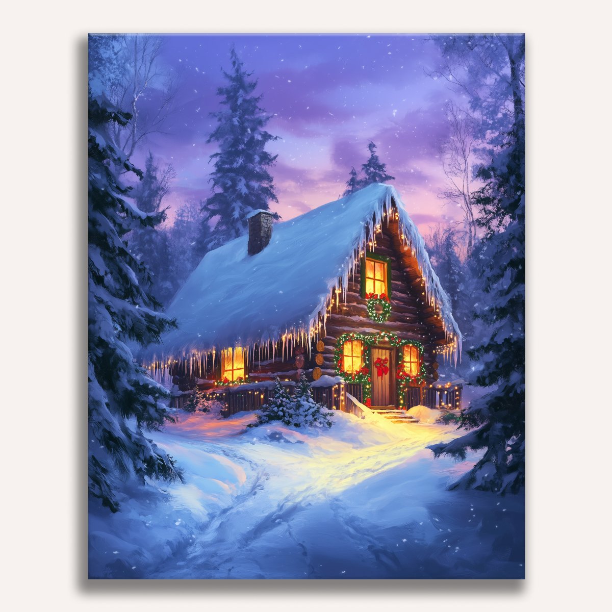 A cozy wooden cabin nestled in a snowy landscape with snow-covered trees and rooftops, decorated for Christmas with lit windows and strings of lights on the roof..