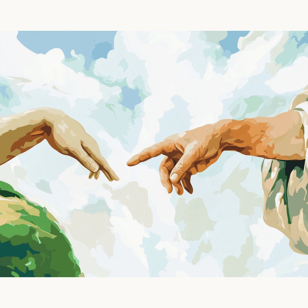 This image portrays a classical-style painting featuring two hands emerging from clouds against a backdrop of a blue sky.