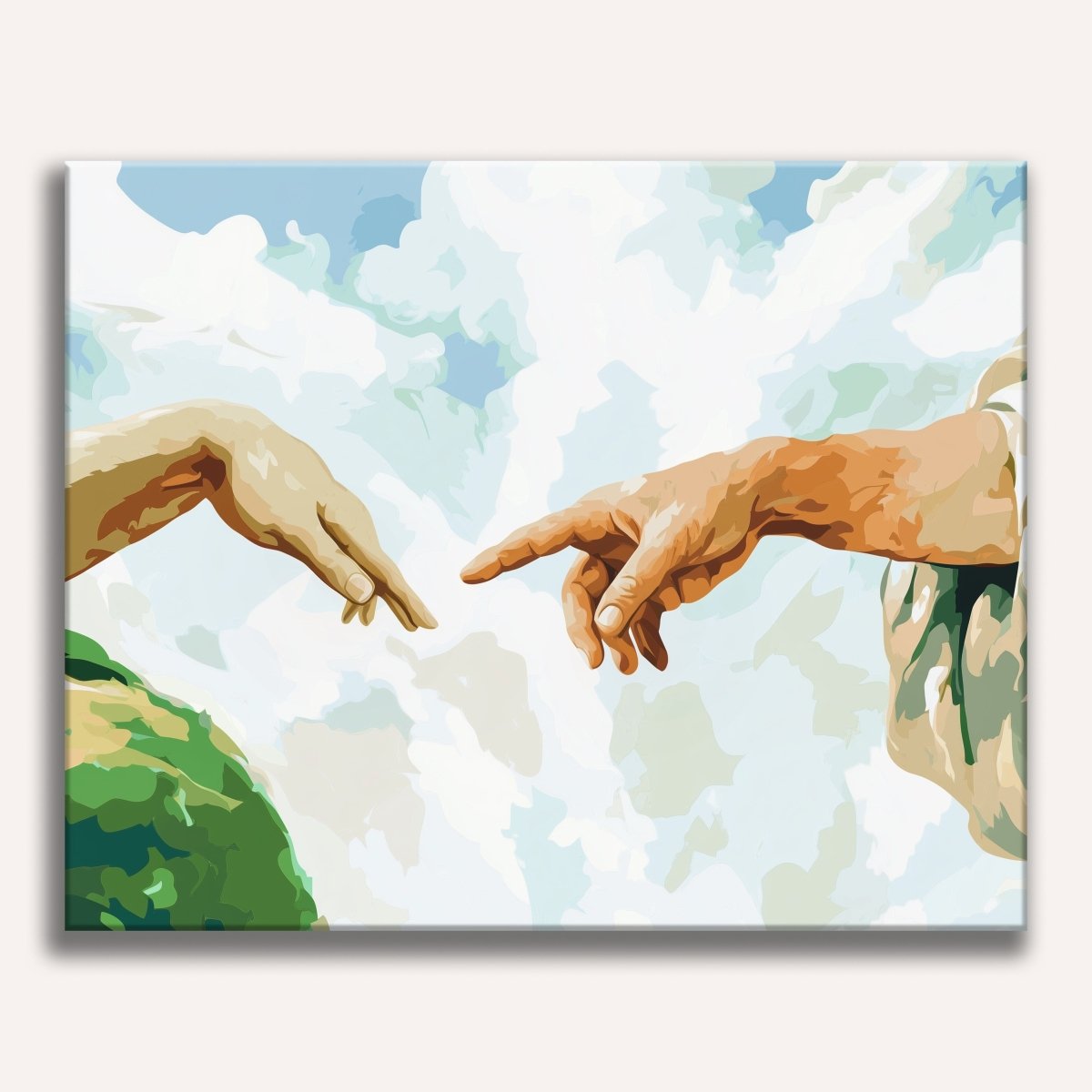 This image portrays a classical-style painting featuring two hands emerging from clouds against a backdrop of a blue sky.