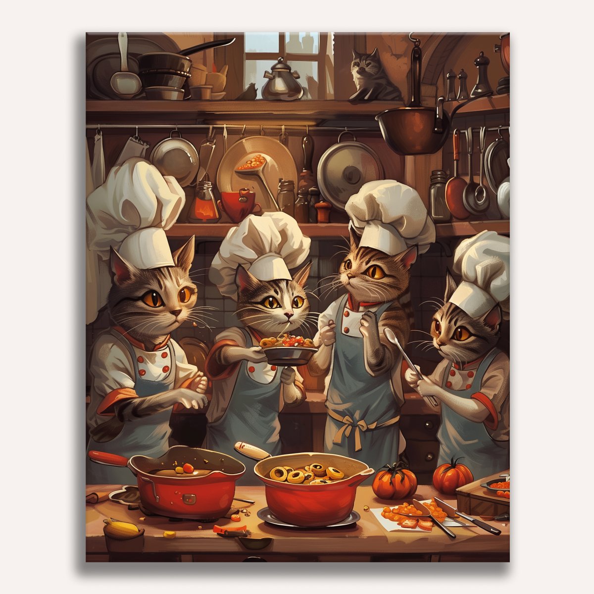 A group of animated cats don chef uniforms and hats, gathered around a kitchen counter laden with various food items and cooking utensils, engaged in cooking activities; two are serving themselves from bowls while another looks on..