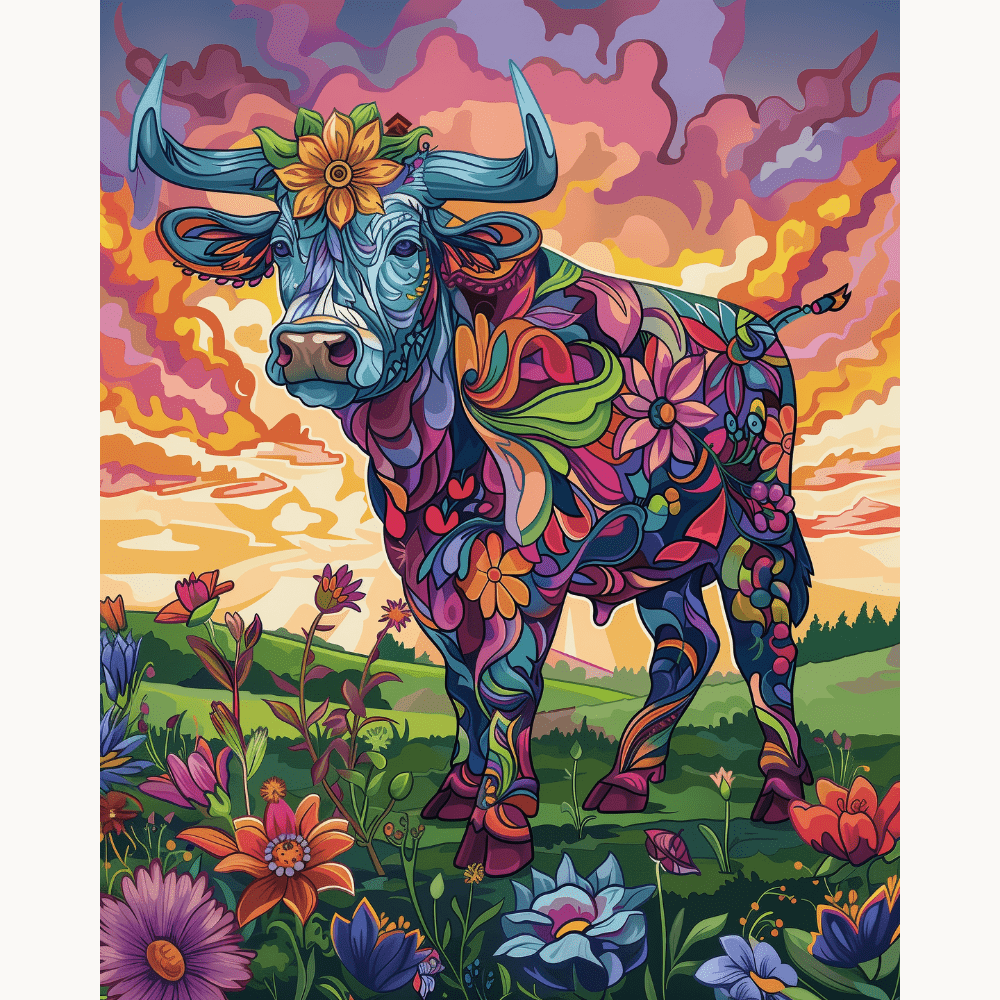 A vivid illustration featuring a large, colorfully painted cow standing amidst a field filled with vibrant flowers and plants.