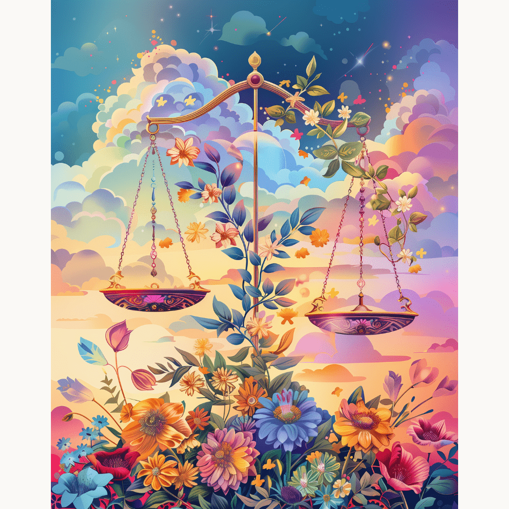 A vividly colored fantasy scene featuring a large, ornate scale adorned with various floral and botanical elements, balanced on clouds against a vibrant sky backdrop..