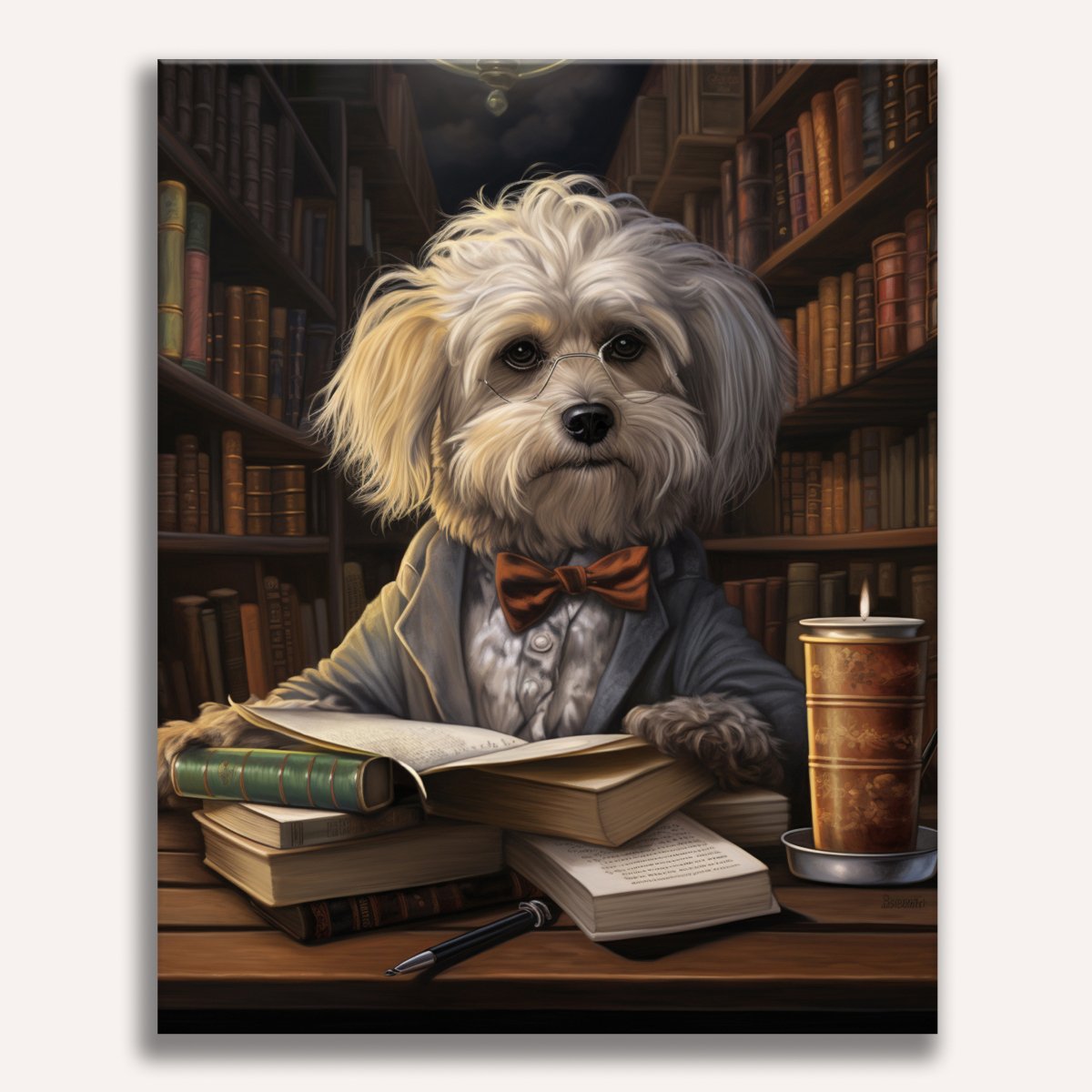 This is an illustrated depiction of a dog sitting at a desk, appearing to be reading a book.