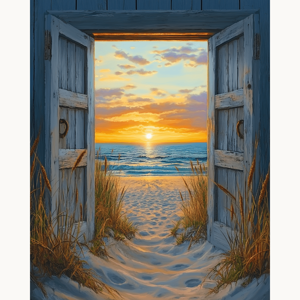 The image showcases a large wooden door painted in a realistic style, standing on a sandy beach at sunset.