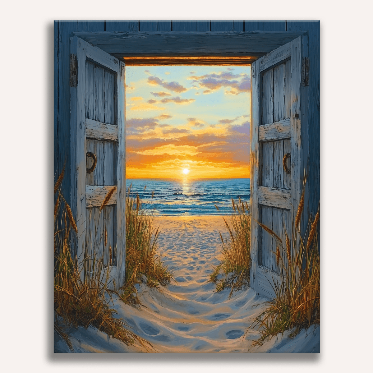 The image showcases a large wooden door painted in a realistic style, standing on a sandy beach at sunset.