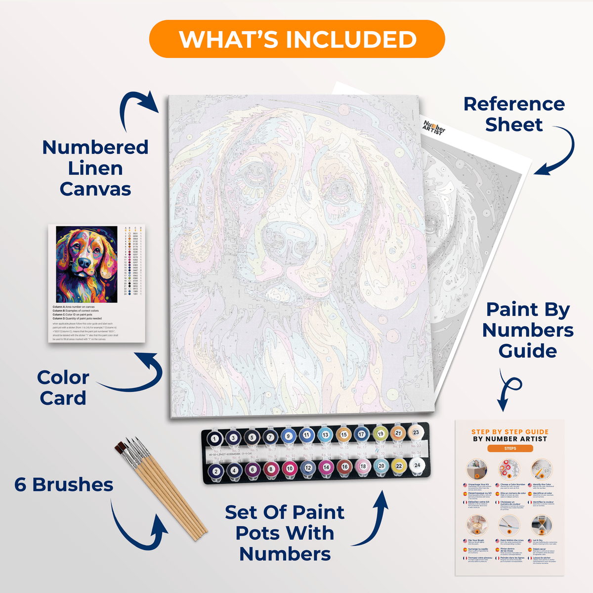 The image depicts a dog with a vibrant and multicolored coat, standing alert against a dark background speckled with small star-like patterns..