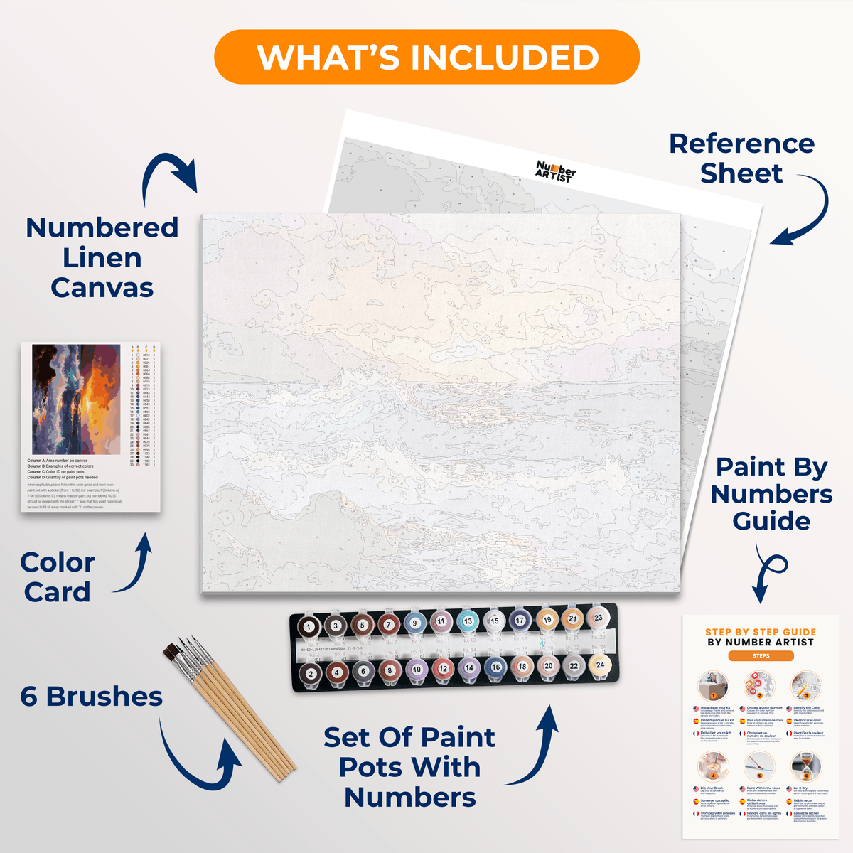 A scenic landscape painting depicts a tranquil seascape at sunset or sunrise.