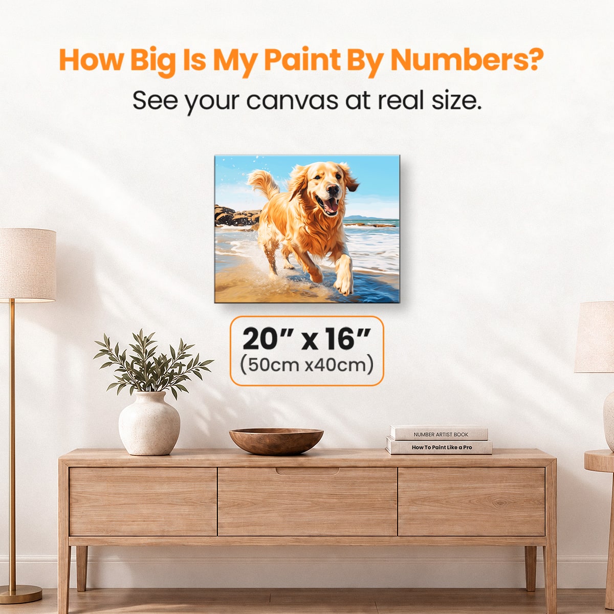 The image features a golden retriever dog running energetically on a sandy beach by the ocean.