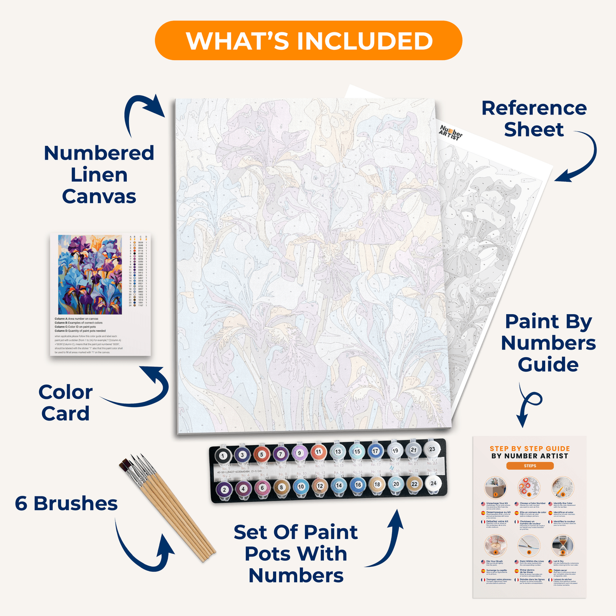 This image depicts a vibrant collection of irises, their colors ranging from deep blues to soft purples and vivid oranges.