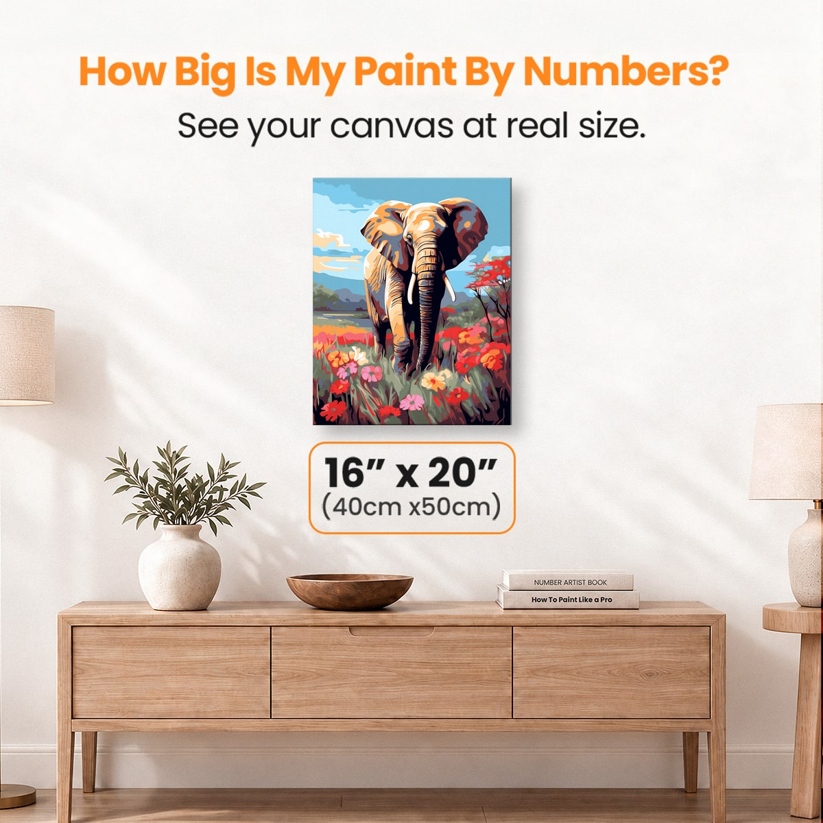 A digital illustration features a majestic African elephant standing amidst a vibrant field of red and orange flowers.