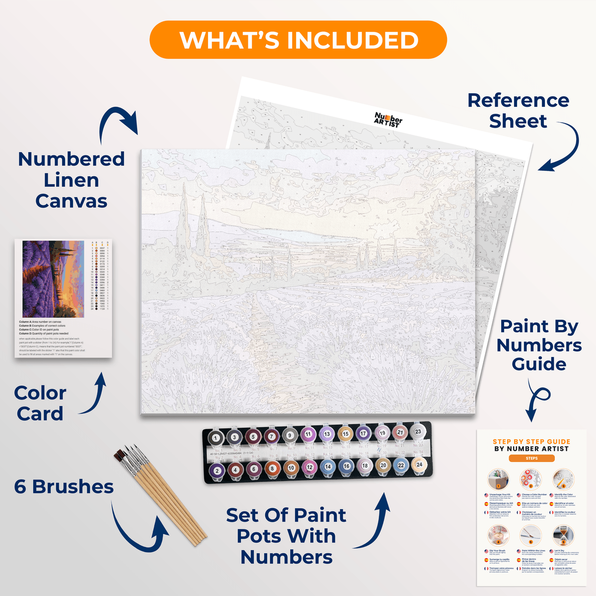 A vibrant canvas print depicts a tranquil scene at sunset.