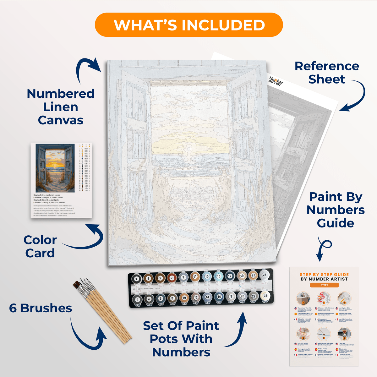 The image showcases a large wooden door painted in a realistic style, standing on a sandy beach at sunset.