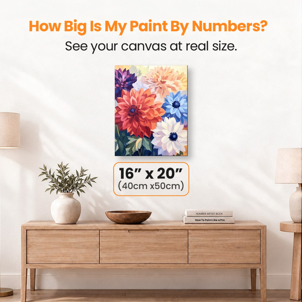 A digital art print depicts a vibrant bouquet of paper flowers in hues of red, orange, yellow, blue, and purple, arranged against a backdrop that resembles a sunny sky with a few clouds..
