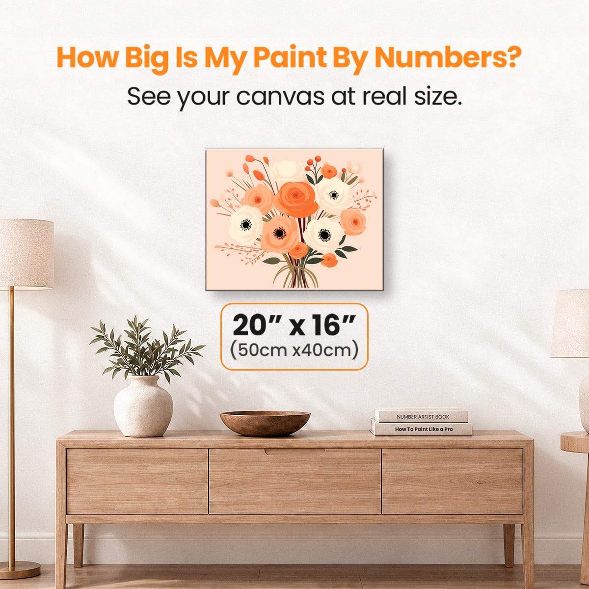 The image showcases a vibrant bouquet of flowers, primarily orange and pink, set against a beige background.