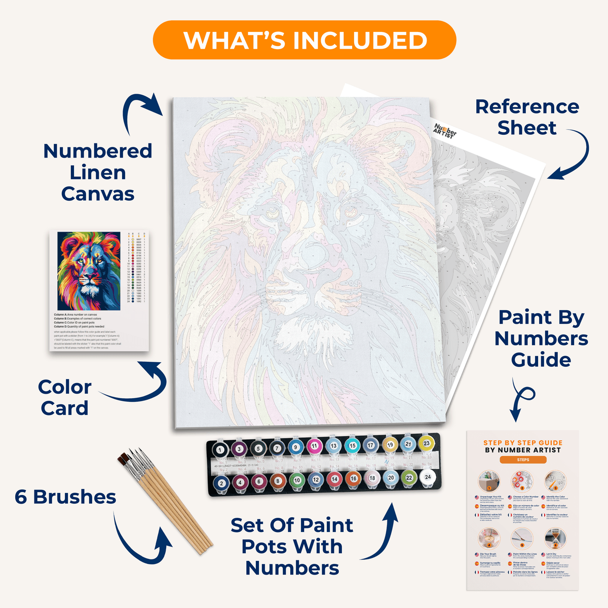 The image features a vibrant, stylized portrait of a lion's head on a black background.