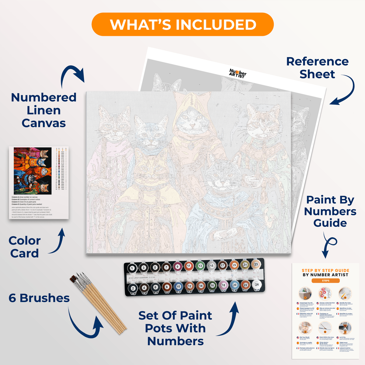 The image presents a vivid and imaginative scene featuring four stylized, anthropomorphic cats with distinct personalities, each donning unique attire.