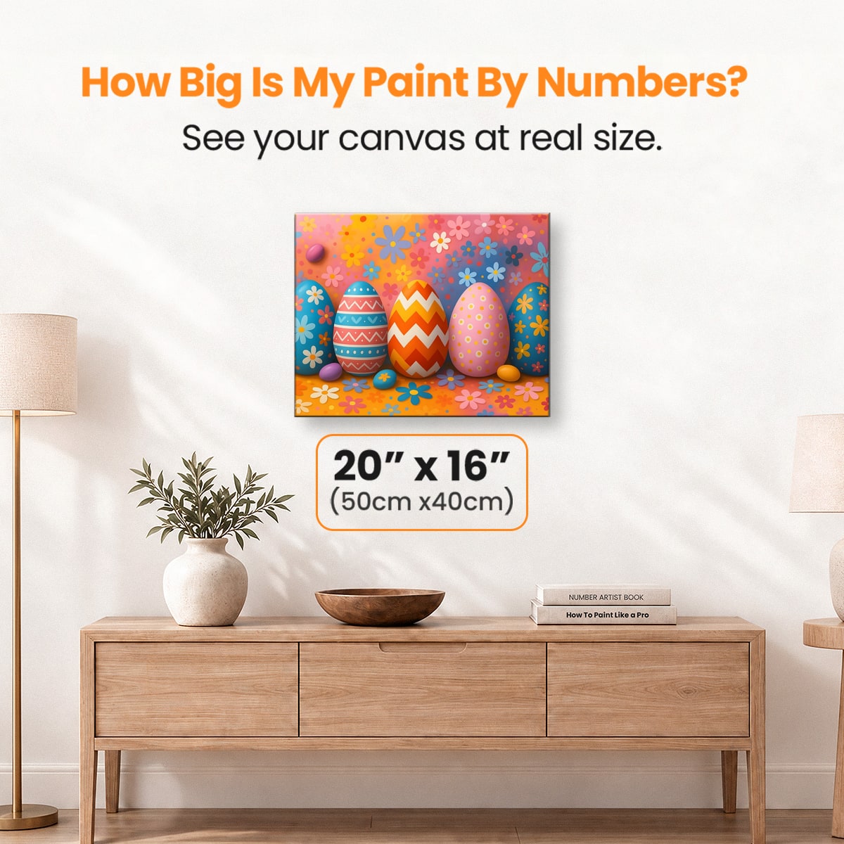 Colorful Easter eggs with floral patterns arranged in a row against a vibrant orange and pink background filled with cheerful flowers.