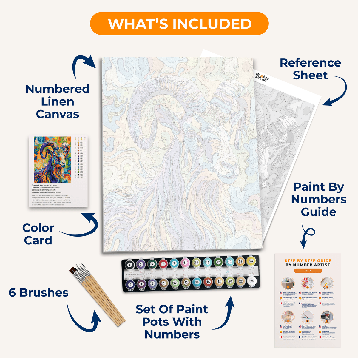 The image features a poster of a mountain goat standing in a vibrant field adorned with rainbow colors and flowing abstract patterns.