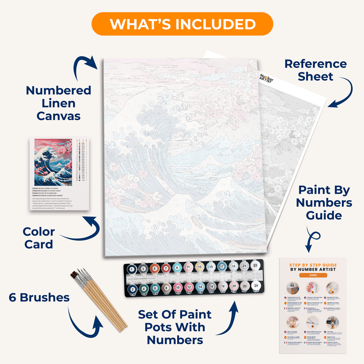 A colorful illustration depicts a vibrant scene of a towering blue wave rolling into shore, where it meets a pink flowering tree and a serene landscape with snow-capped mountains in the distance..