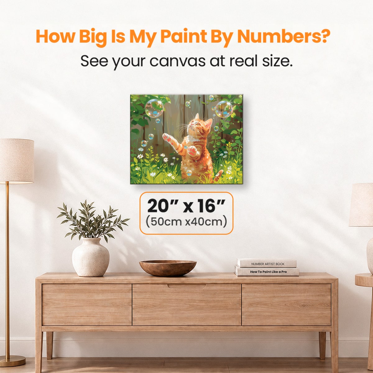 This is a colorful illustration featuring an orange tabby cat standing on a grassy area with a wooden fence.