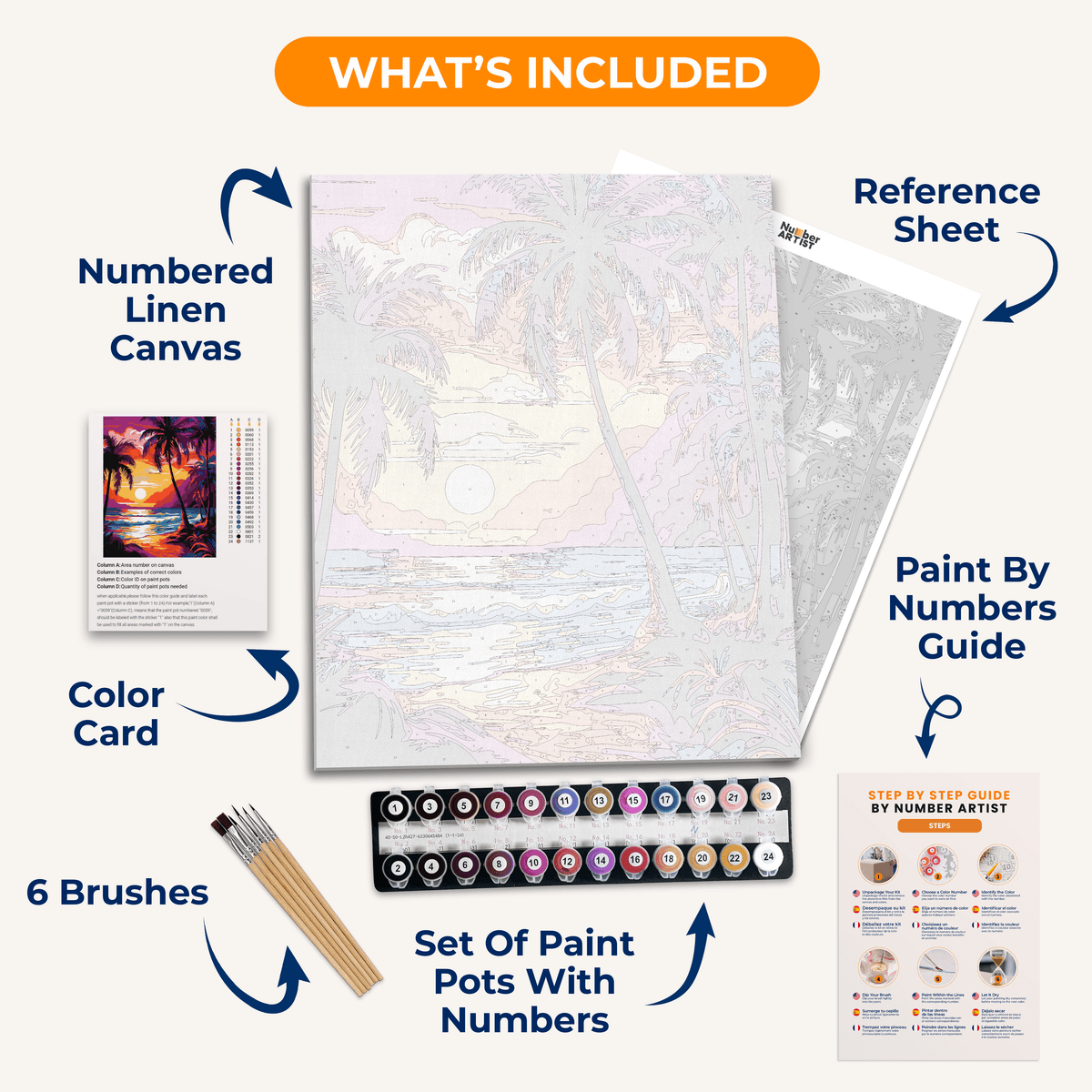 An illustration showcases a vibrant tropical scene at sunset.