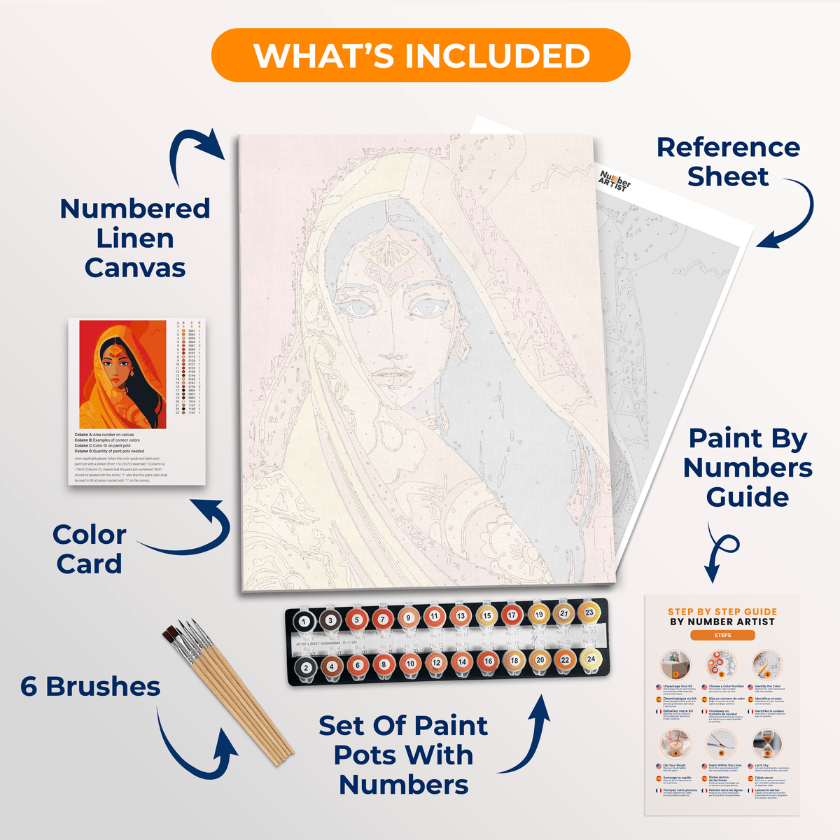 The image presents a vivid and stylized portrait of a person, cloaked in an orange garment that contrasts sharply against their dark skin and hair.