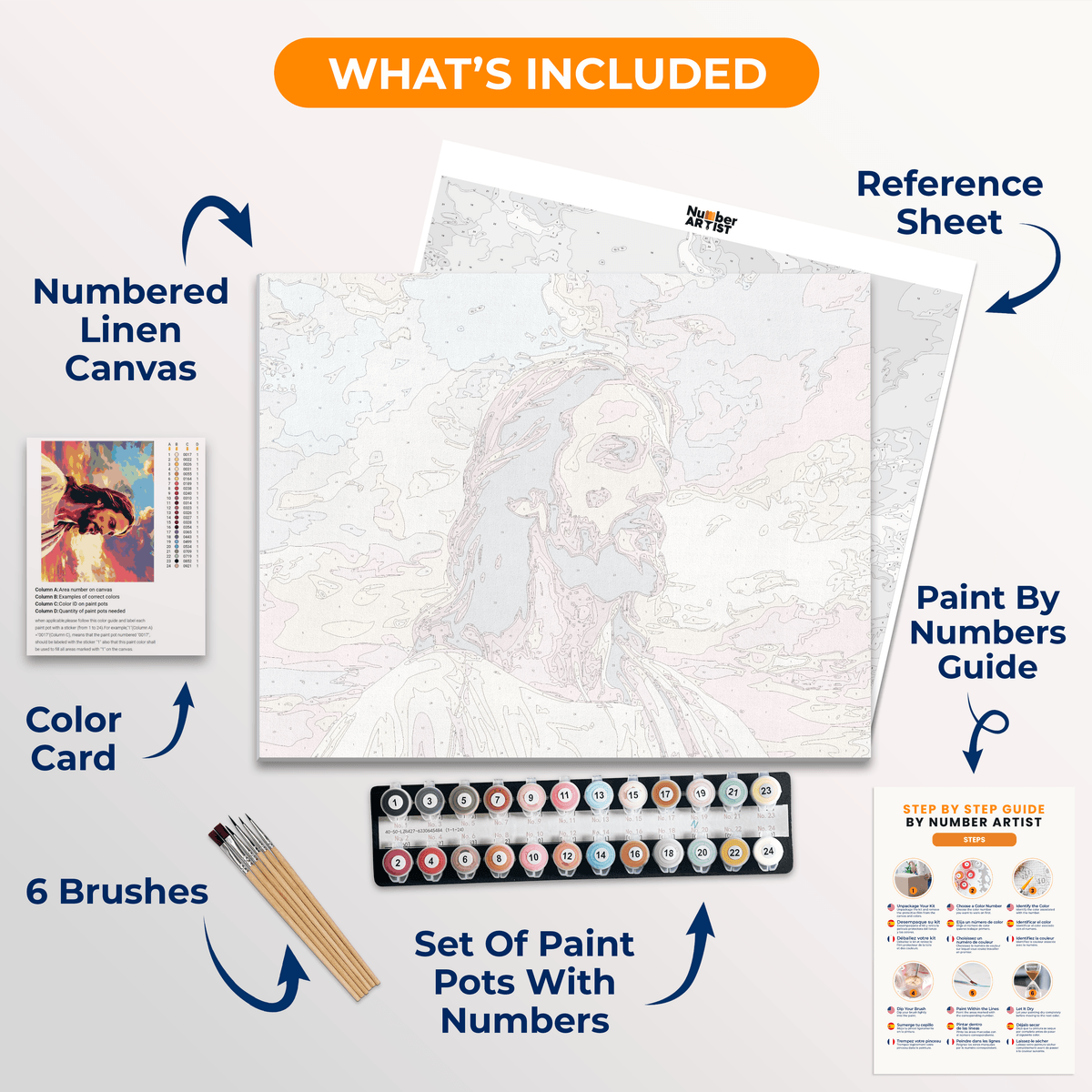 A square canvas print featuring a vibrant sunset background with multicolored clouds.