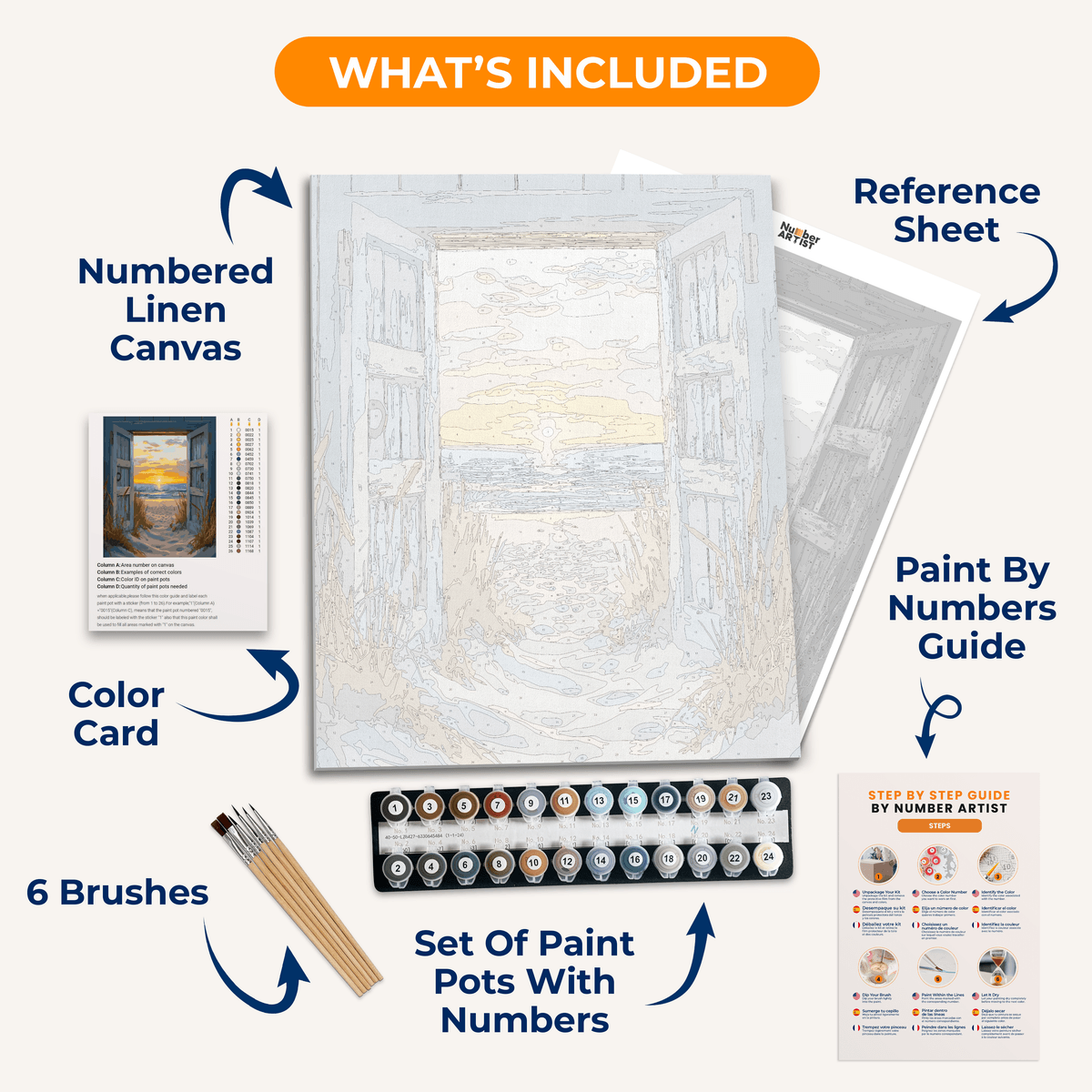The image showcases a large wooden door painted in a realistic style, standing on a sandy beach at sunset.